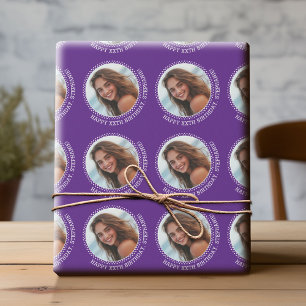 Circle One Photo with Birthday Greeting - Purple Wrapping Paper