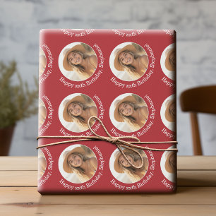 Circle One Photo with Birthday Greeting - Red Wrapping Paper