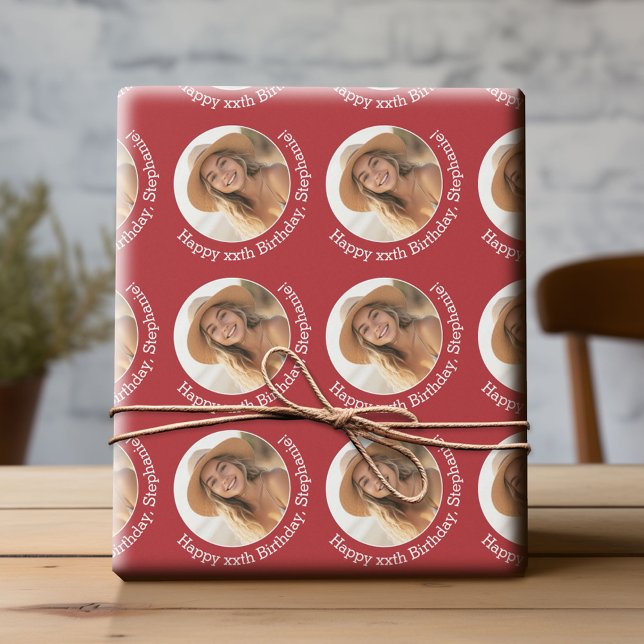 Circle One Photo with Birthday Greeting - Red Wrapping Paper (Custom Birthday Wrapping Paper with Photo)