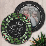 Circle Photo Back - Black Green Botanical Happiest Holiday Card<br><div class="desc">Happiest Holidays - This unusual design can be used for a business greeting card or for a family wanting a card with one photo. The back includes a place for one photo. The back is a botanical pattern with black, green and red. Add your greeting and family name to this...</div>