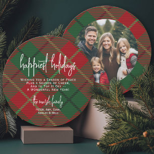 Circle Photo Back - Red Green Plaid - Happiest Holiday Card