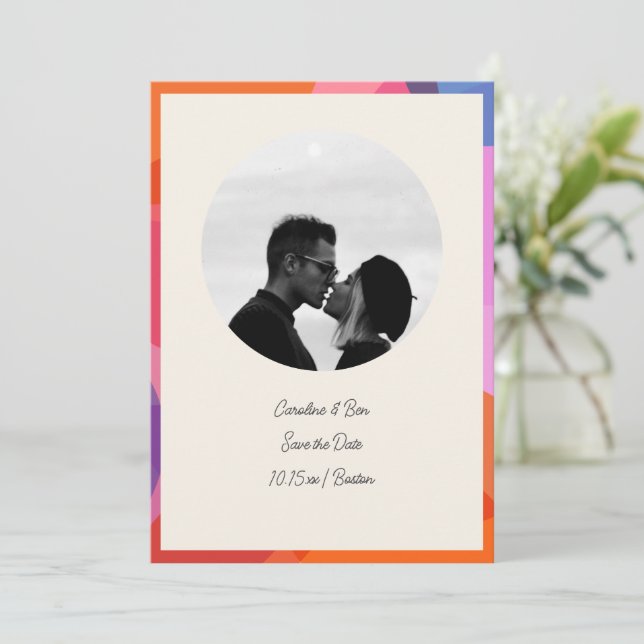 Circle Photo Colourful Border Modern Couple Save The Date (Standing Front)