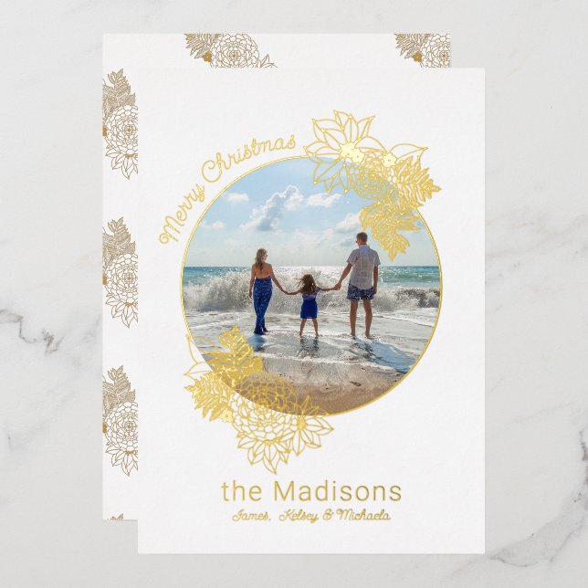 Circle Photo Flower Frame Gold Christmas Foil Holiday Card (Front/Back)