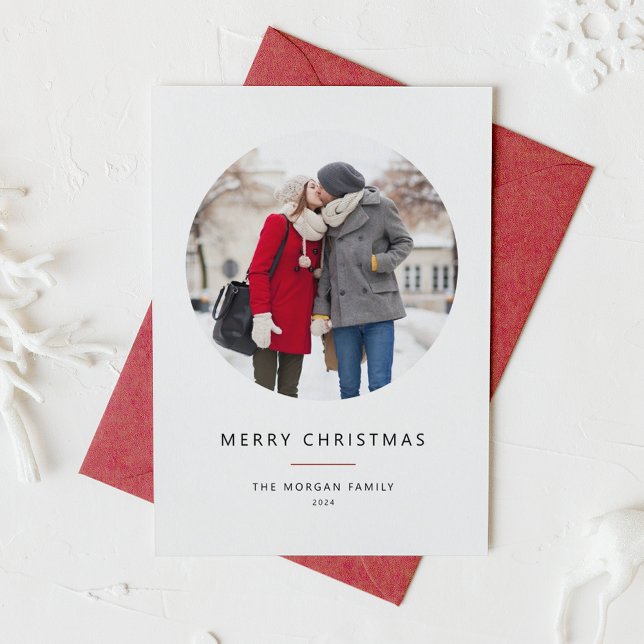 Circle Photo Red Minimalist Merry Christmas  Holiday Card (Creator Uploaded)
