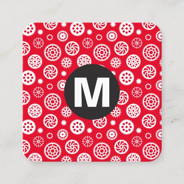 Circle Spot Monogram - Gears Pattern Square Business Card (Front)