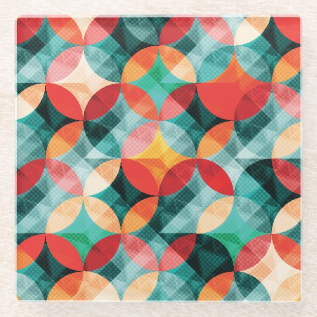 Circle Symphony: Colourful Abstract Vintage Glass Coaster (Front)