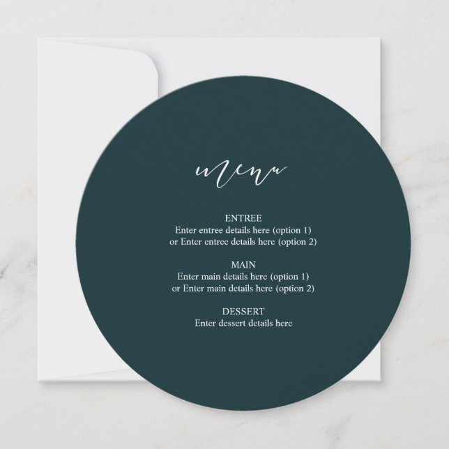 Circle Wedding Plate Menu Dark Green Calligraphy (Front)