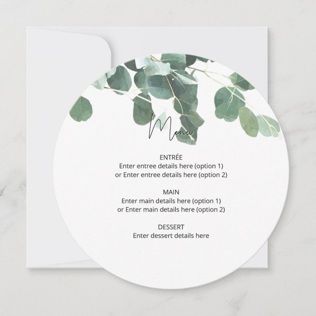 Circle Wedding Plate Menu Watercolor Eucalyptus (Front)