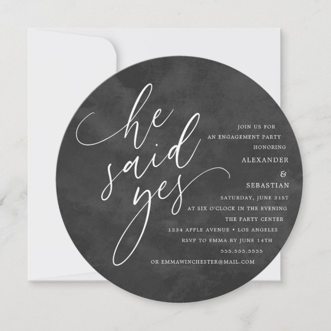 Circle White Script He Said Yes Engagement Party Invitation (Front)