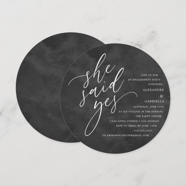 Circle White Script She Said Yes Engagement Party Invitation (Front/Back)
