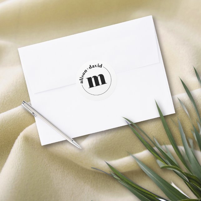 Circle with names and monogram black white wedding classic round sticker (Creator Uploaded)