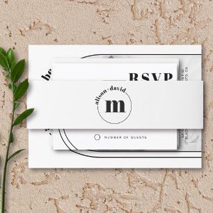 Circle with names and monogram black white wedding invitation belly band