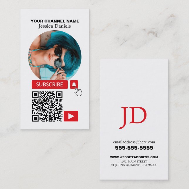 Circled Photo & QR Code, Youtube - Vlogger Business Card (Front/Back)