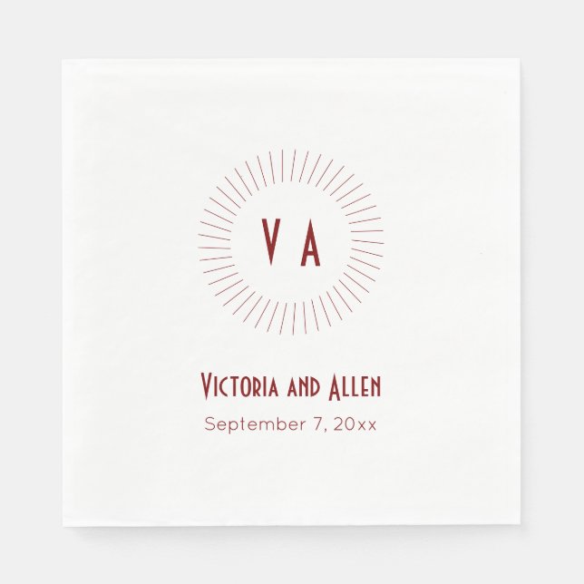 Circled Red Monogram with Name and Date Wedding Napkin (Front)