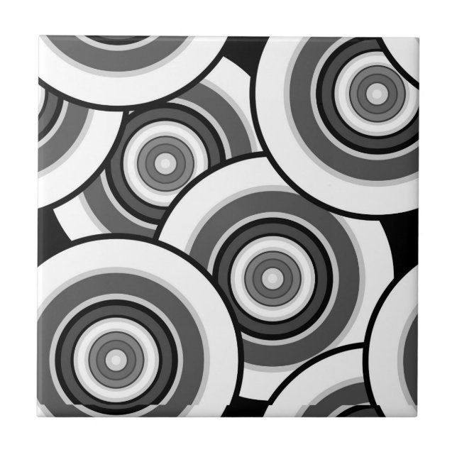 Circles and rings geometric black and white patter ceramic tile (Front)