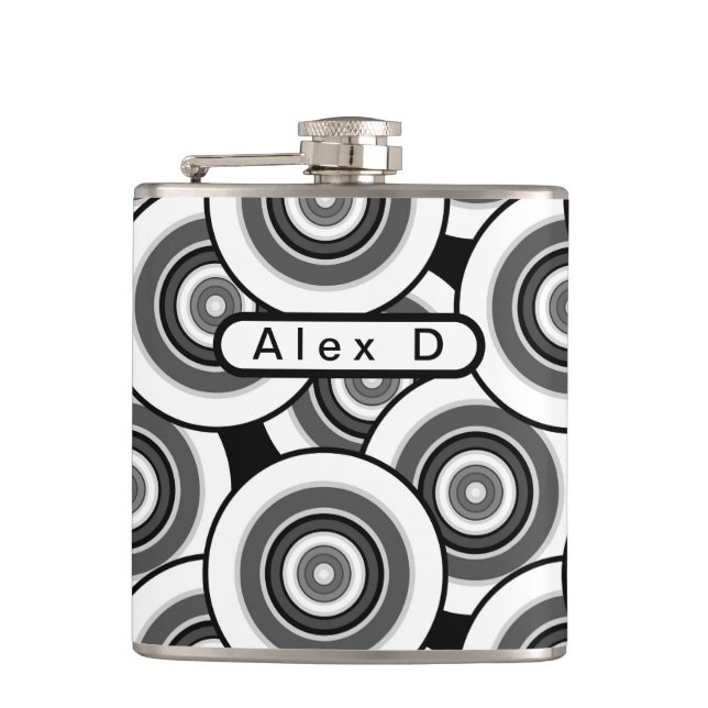 Circles and rings geometric black and white patter hip flask (Front)