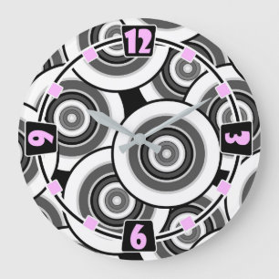 Circles and rings geometric black and white patter large clock