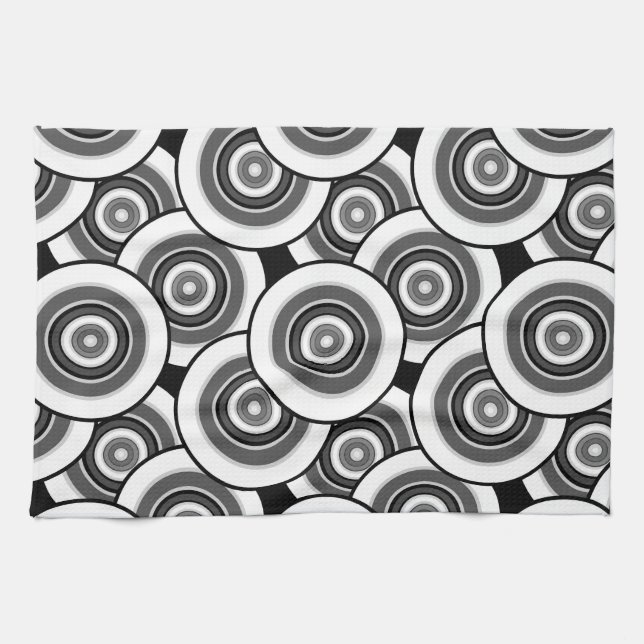 Circles and rings geometric black and white patter tea towel (Horizontal)