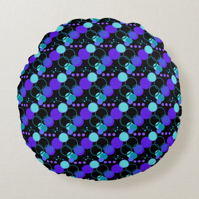 Circles and Round Shapes Pattern in Black Round Cushion (Front)