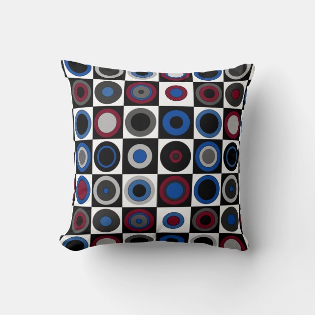Circles and Squares (Red,Blue,White,Black+Grey) Cushion (Front)