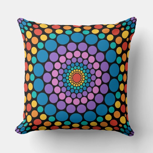 Circles Circles! Rainbow on Black Throw Pillow (Front)