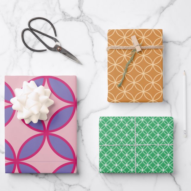Circles diamonds flowers pattern Set of 3 Wrapping Paper Sheet (Front)