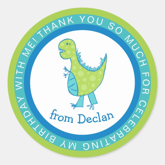 Circles Frame |  Dino | Name Birthday Thank You Classic Round Sticker (Front)