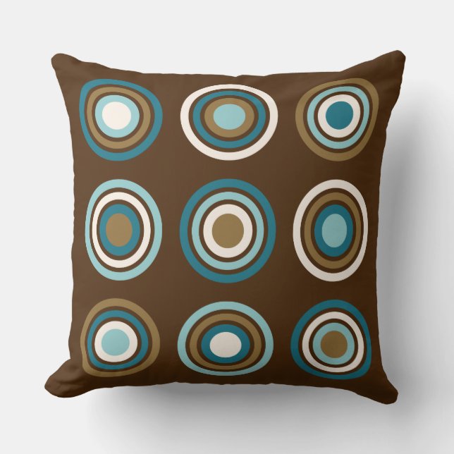 Circles in Rings Teals Cream Gold on Brown Cushion (Front)