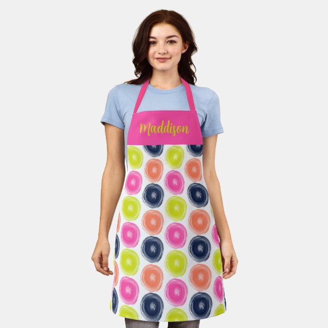 Circles Polka Dot Design in Pink Coral Yellow Apron (Worn)