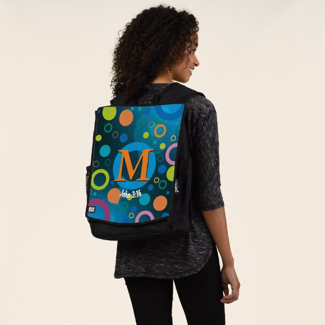 Circles Spots Scripture Monogram BLUE Personalised Backpack (Worn)