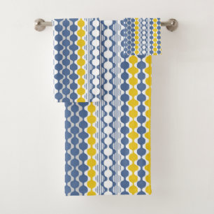 Circles, waves, lines, mustard yellow, white, blue bath towel set