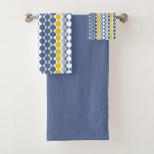 Circles, waves, lines, mustard yellow, white, blue bath towel set