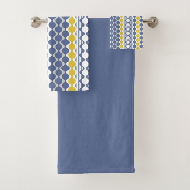 Circles, waves, lines, mustard yellow, white, blue bath towel set (Insitu)
