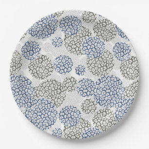 Circles with grey and blue leopard skin print paper plate