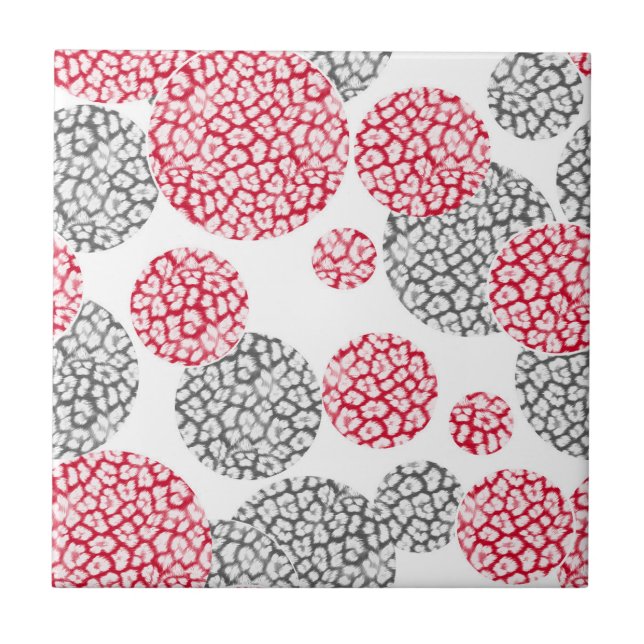  Circles with grey and red leopard skin print  Ceramic Tile (Front)