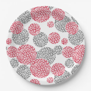 Circles with grey and red leopard skin print Paper Plate