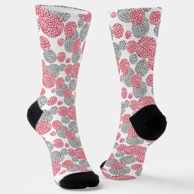  Circles with grey and red leopard skin print  Socks (Angled)