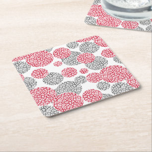 Circles with grey and red leopard skin print Square Paper Coaster