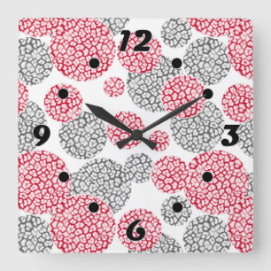 Circles with grey and red leopard skin print  Square Wall Clock