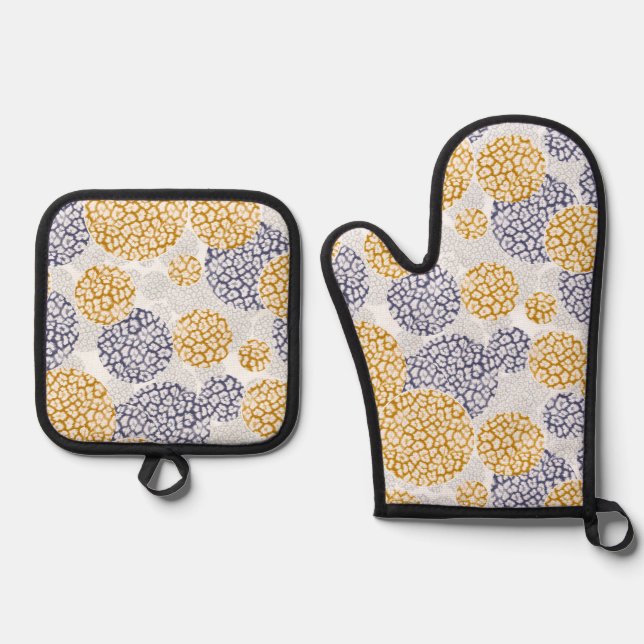 Circles with yellow and blue leopard skin print  oven mitt & pot holder set (Front)