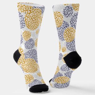 Circles with yellow and blue leopard skin print socks
