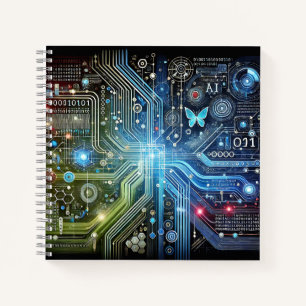 Circuit Board, Binary Code & Glowing Butterfly Notebook