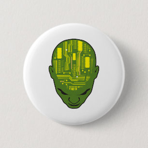 circuit board brain head yellow and green 6 cm round badge