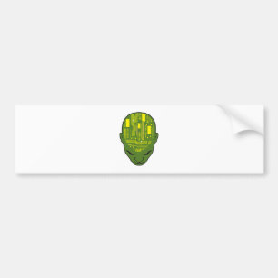 circuit board brain head yellow and green bumper sticker