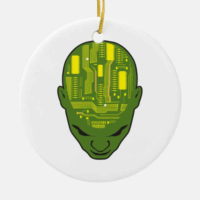 circuit board brain head yellow and green ceramic tree decoration (Front)