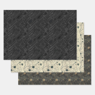 Circuit Board Computer Pattern Black Gold White Wrapping Paper Sheet