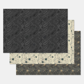 Circuit Board Computer Pattern Black Gold White Wrapping Paper Sheet