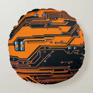 Circuit board. Electronic computer hardware techno Round Cushion