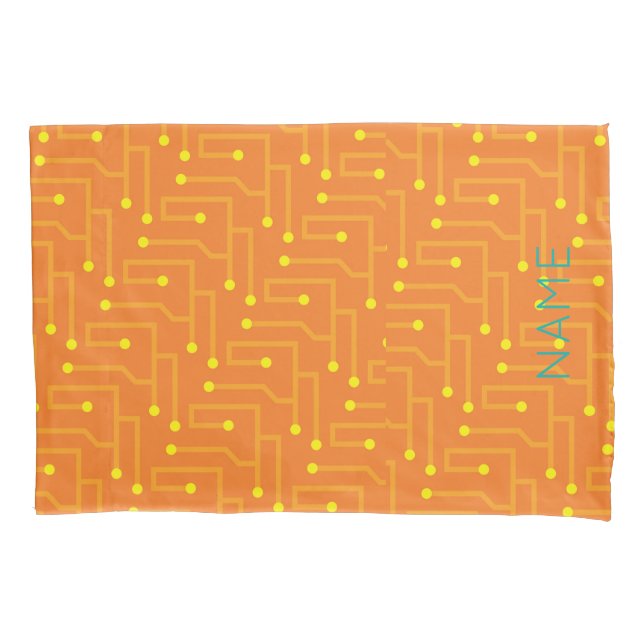 Circuit Board Kids NAME Modern Gaming Tech Decor Pillowcase (Front)