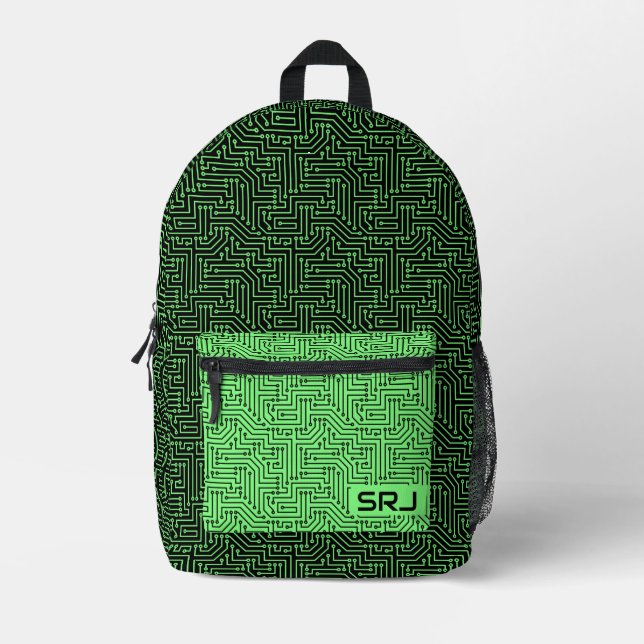 Circuit Board Neon Green Black Custom Monogram Printed Backpack (Front)